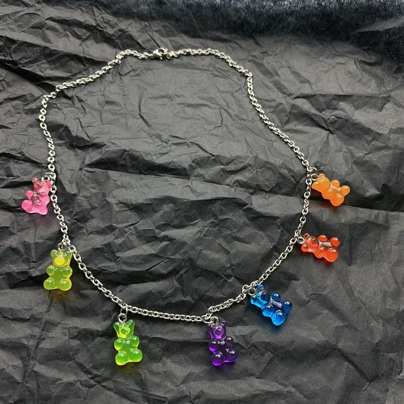 7 Colors Rainbow Cute Jelly Bear Gummy Necklaces for Women Girls Cool Punk Hip Hop Resin Pendant Choker Kids Accessories