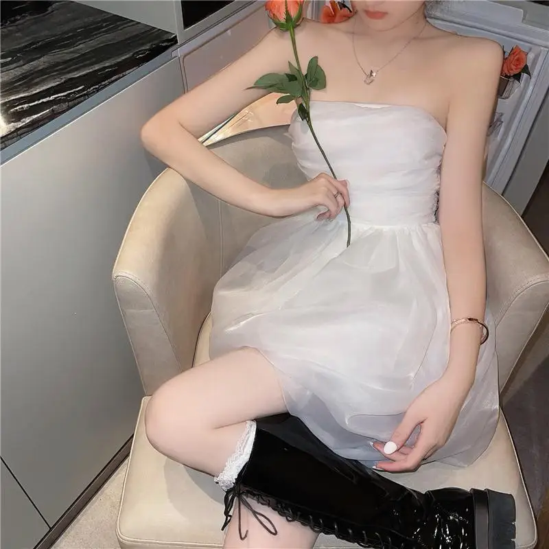 White Mesh Mini Dress Women Sexy Strapless Korean Slim Fairy Dress Female 2021 Summer Elegant Beach Party Princess Sweet Dress