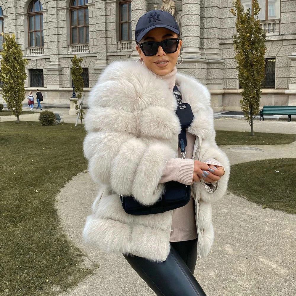 Winter Fashion Real Fox Fur Jacket Medium Length Round Collar Casual Women High Quality Genuine Fox Fur Coat Woman Trendy Outfit