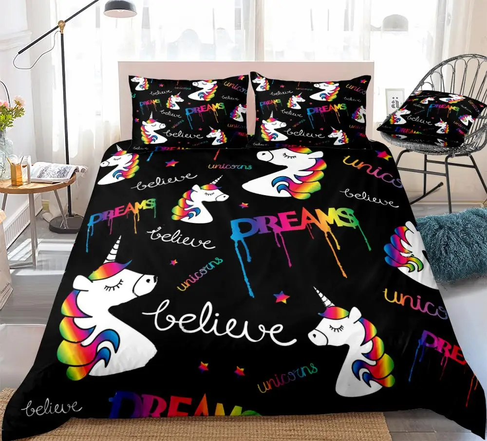 Unicorns Duvet Cover Set Dreams Magical Unicorns Bed Set Black Bedding Kids Boys Girls Colorful Cartoon Quilt Cover Dropship