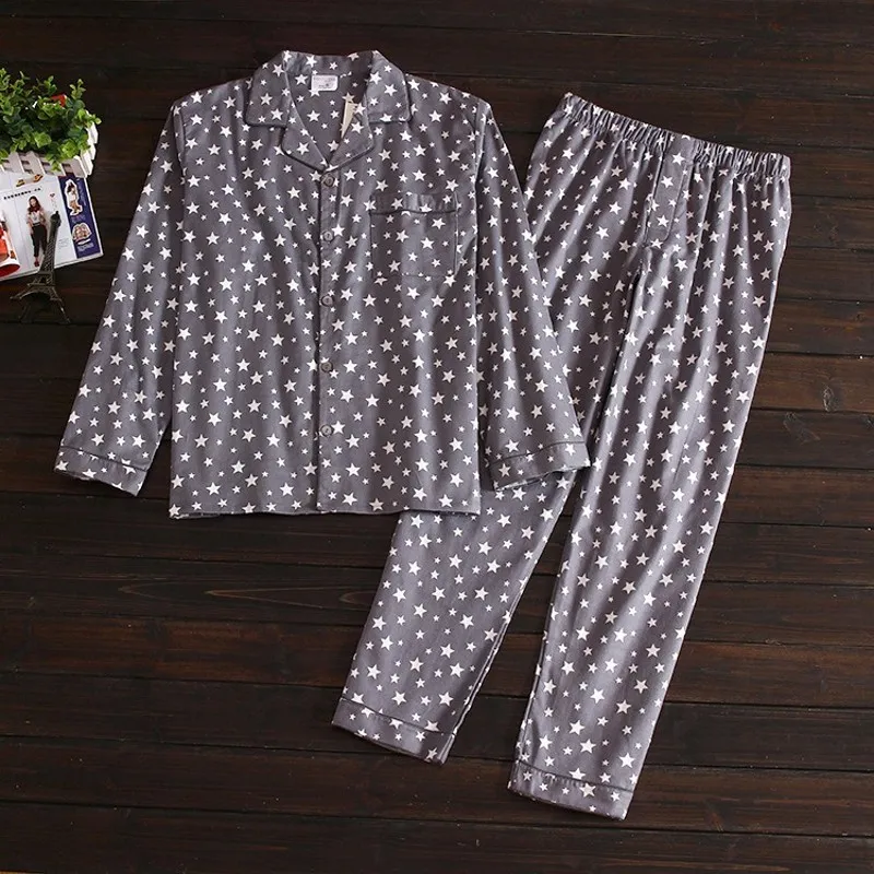 2024 Spring Autumn Men Casual Pajama Sets Male 100% Cotton Sleepwear Suit Long Sleeve Turn-down Collar High Quality Home Clothes