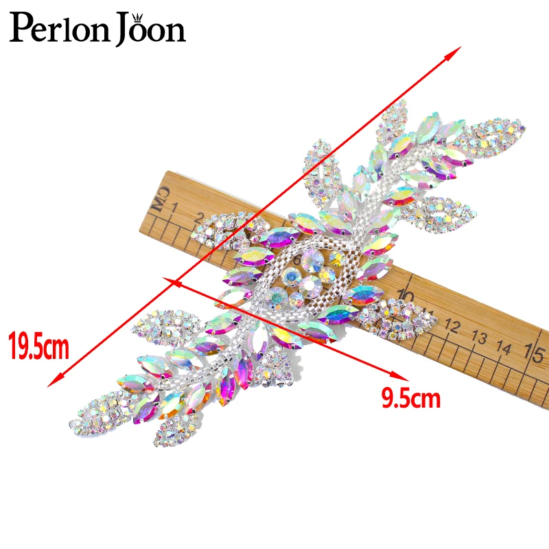 1pcs AB color crystal leaf long patch AB rhinestone glass welding flower silver decal for wedding boots decorative accessories