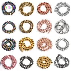 Wholesale 17 Styles Natural Stone Beads Silver Color Rainbow Rose Gold Hematite Round Beads For Jewelry Making Bracelet Necklace