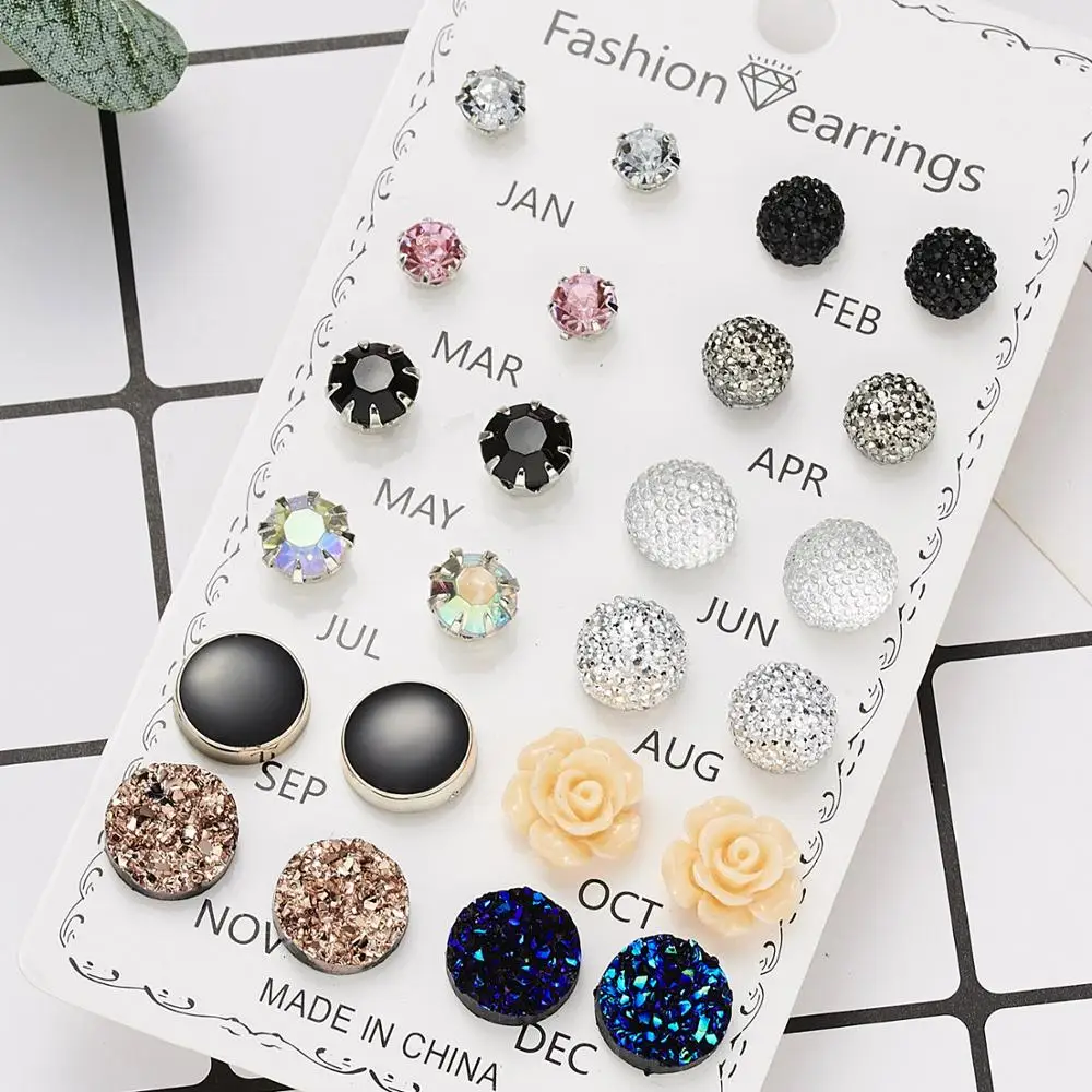 New Arrival 12 Pairs/Set Round Rhinestone Crystal Flowers Combination Card Stud Earring Set For Women Girls Jewelry Wholesale