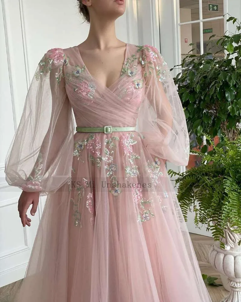 Blush Roze Formele Avondjurken 2021 V-hals Kleurrijke Bloemen Vlinder Sequin Puff Lange Mouwen Prom Speciale Gelegenheid Jurken