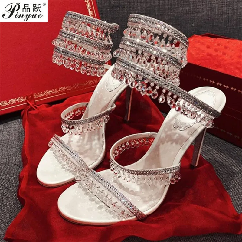 Sexy Pearl Studded Women Sandals Snake Shape Ankle Strappy High Heel Party Wedding Shoes Open Toe Narrow Band Runway Shoes Woman