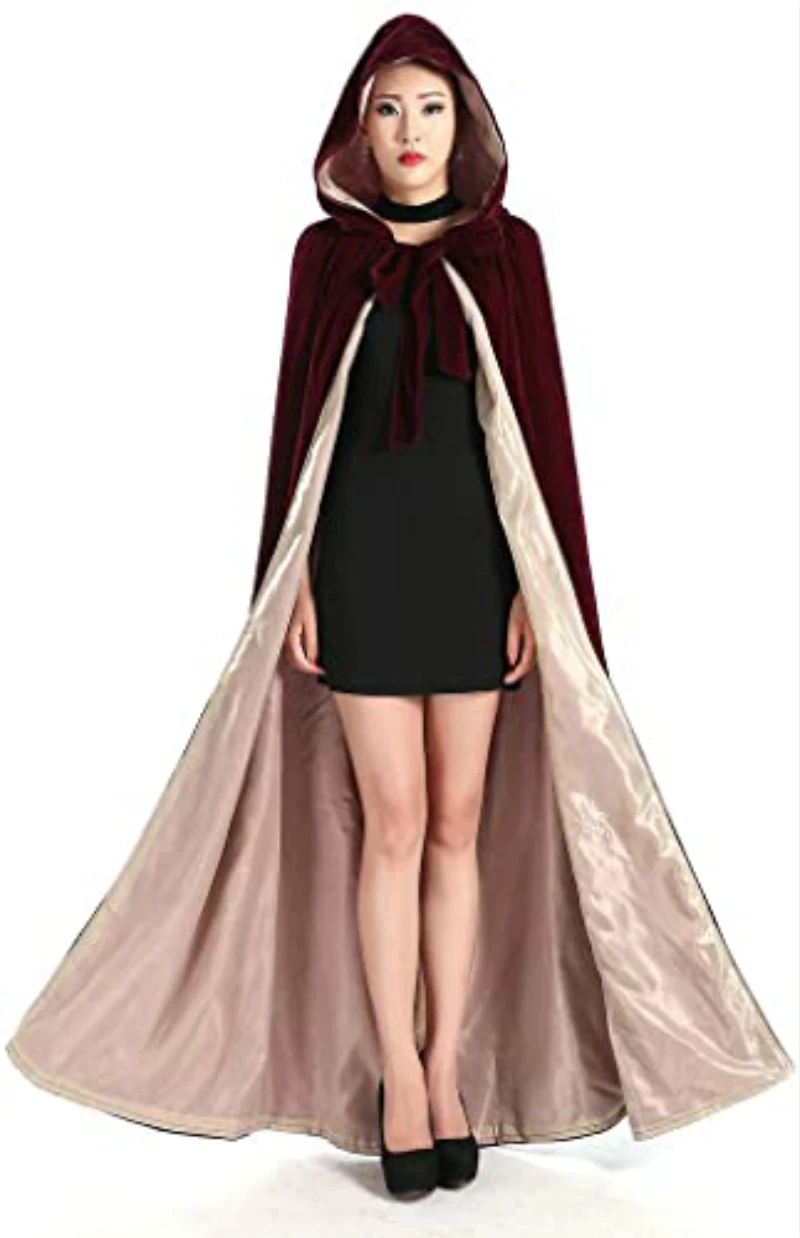 Full Length Burgundy Hooded Cloak Cape Velvet Halloween Cosplay Cloak