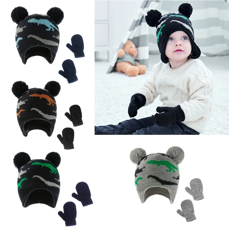 

New Baby Kids Girls Boys Winter Warm Knit Hat Ear Solid Warm Cute Glove 2pcs Lovely Beanie Cap 0-18M Dinosaur print Hat