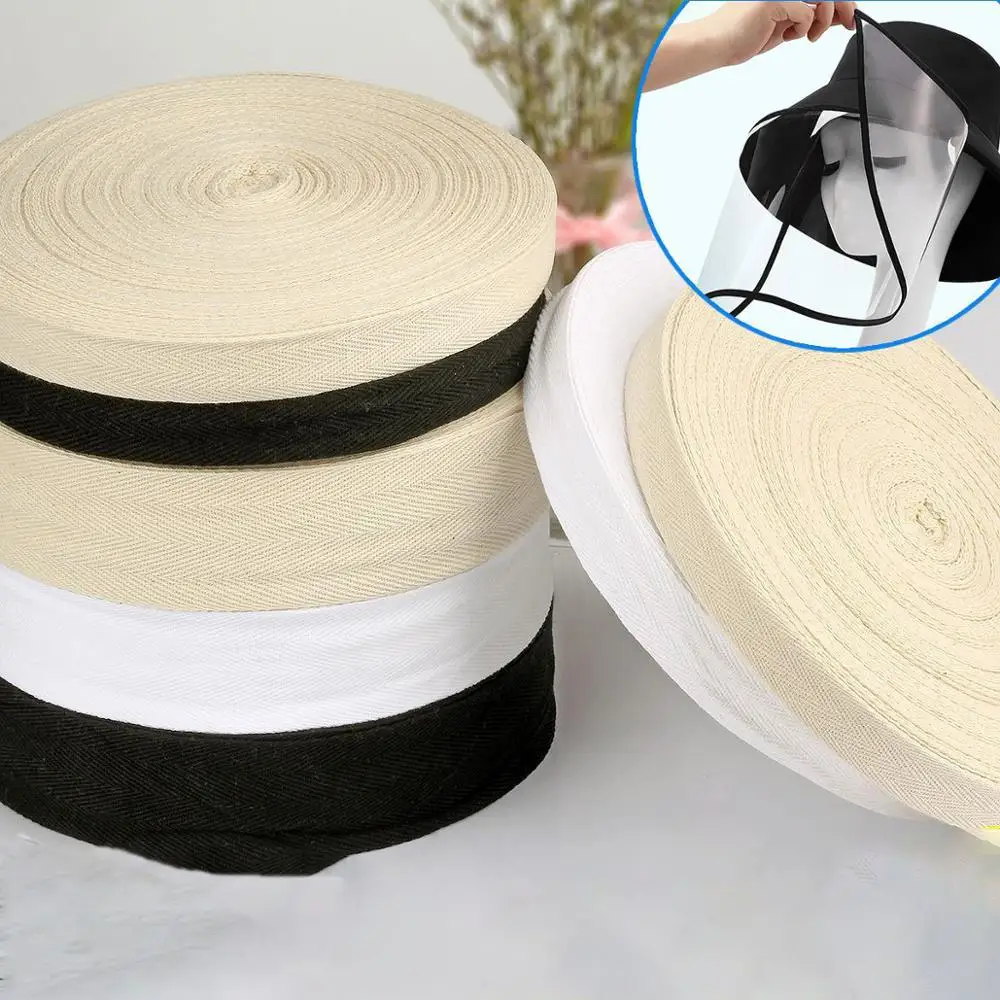 White Black Ribbon 10/15/20/25/30/40/50mm Cotton Webbing Bunting Herringbone Twill Sewing Tape Bias Binding 50yards