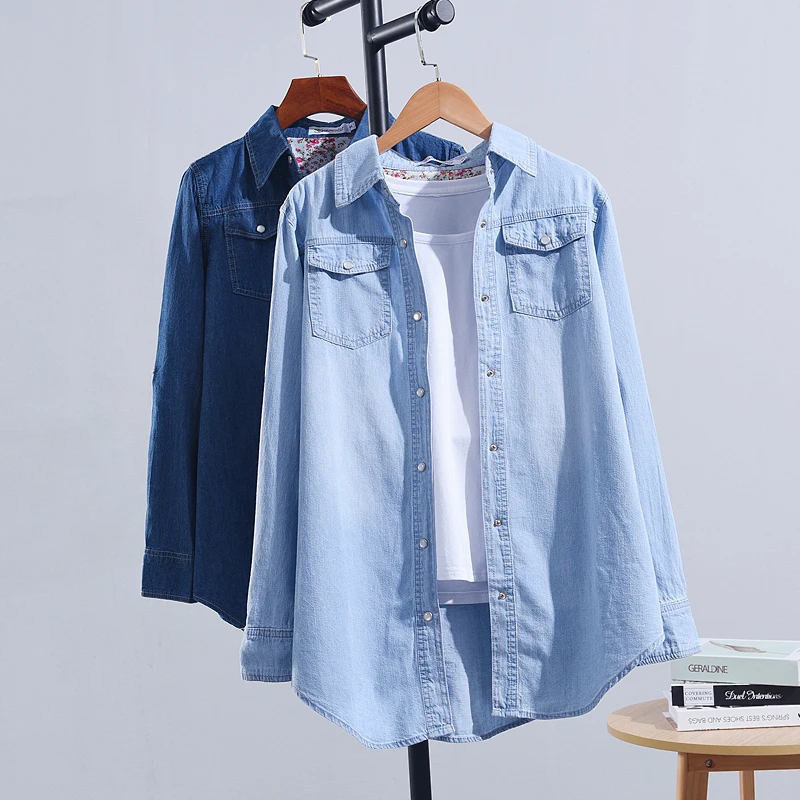 Women Shirt Denim Cotton Tops 2020 Autumn Casual Thick Pockets Single Breasted Button Up Lapel Long Sleeve Large Size Blue Shirt