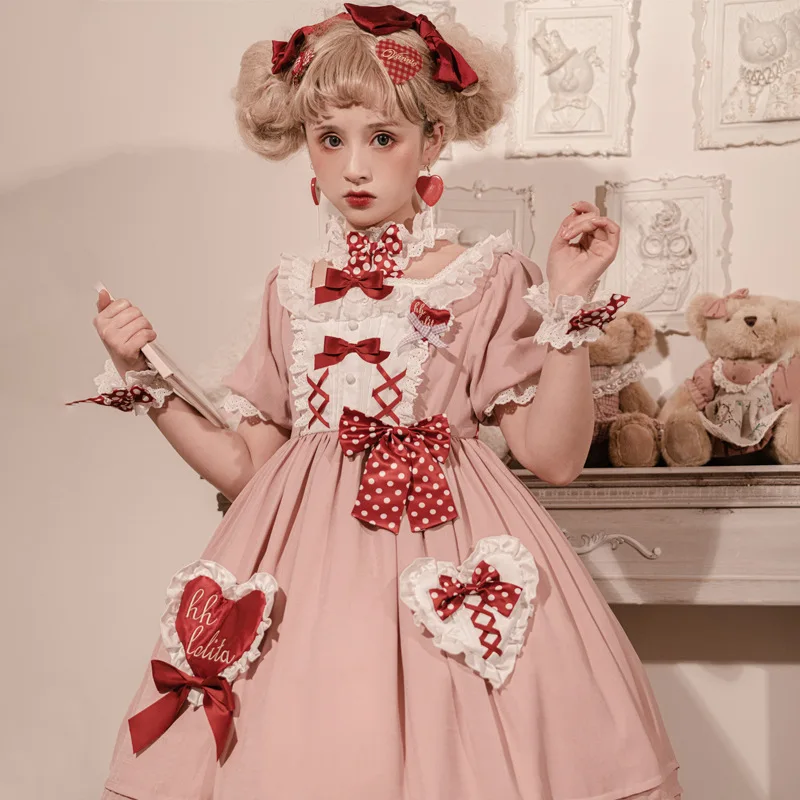 

Palace Princess Sweet Lolita Maid Dress Love Heart High Waist Victorian Lace Bowknot Dress Kawaii Girl Lolita Op Loli Cos