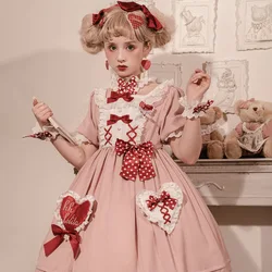 Palace Princess Sweet Lolita Maid Dress Love Heart High Waist Victorian Lace Bowknot Dress Kawaii Girl  Lolita Op Loli Cos