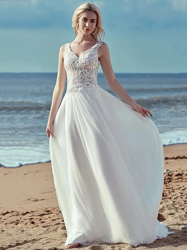 2025 Customized A-Line Wedding Dresses V Neck Lace Chiffon Casual Beach Bridal Party Gown Ruched Backless Robe De Mariage