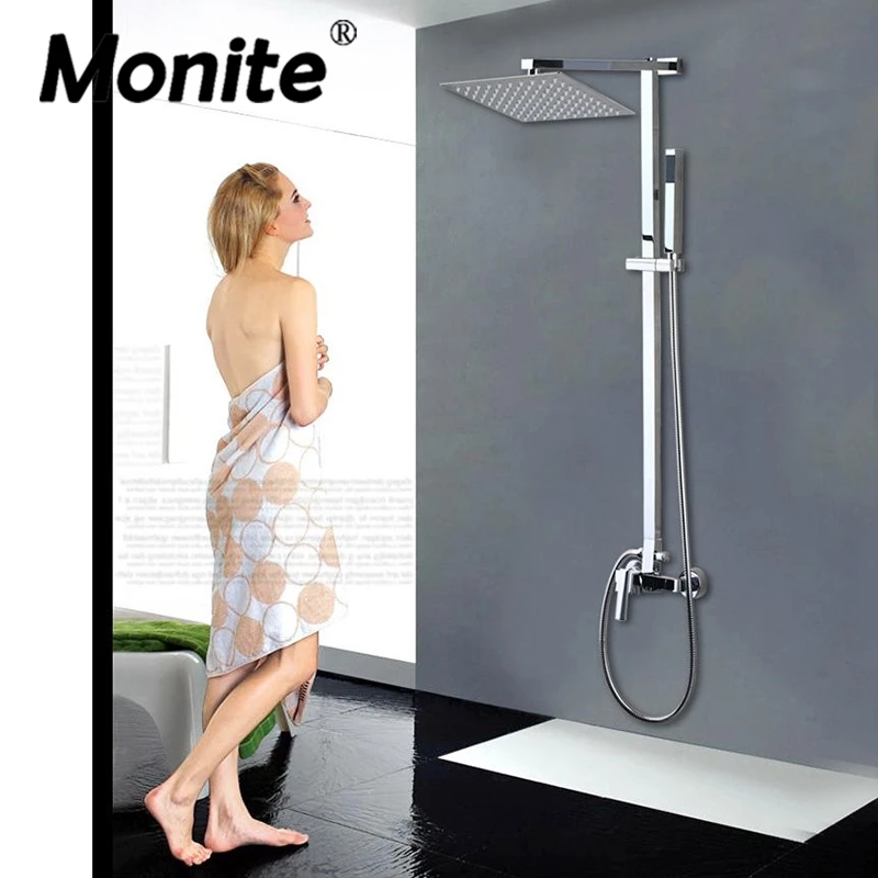 

Monite 8 Inch Big Rainfall Shower Set Mixer Faucets Chrome Polished Wall Mounted Bathroom Adjust Height Handheld Shower Faucet