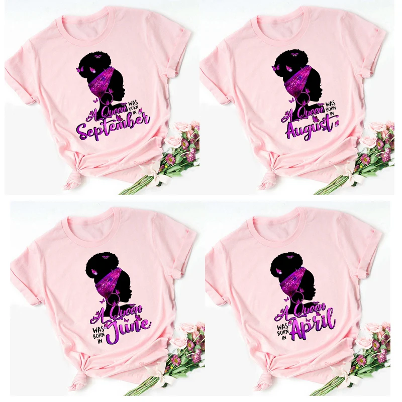 

Women Pink Tshirt Summer Top Beautiful Black Girl Butterflies Print T Shirt Femme A Queen Was Born In January-December T-Shirt