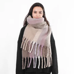 Fashion Imitation Cashmere Women Vintage Plaid Scarf Winter Warm Knitted Casual Mohair Tassel Wild Female Thick Shawl Long Wrap