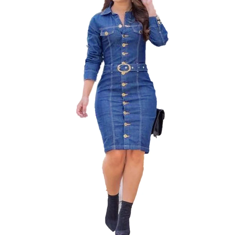 

Spring Autumn Women Long Sleeve Denim Dress Vintage Single-breasted Turn-down Collar Black Jeans Dress Woman Knee-Length Dress