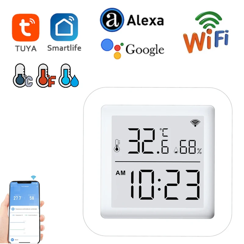 Tuya Smart Wifi Temperature Humidity Sensor Smart Thermometer Hygrometer Time Date LCD Screen Detector Smart Home Desk Clock