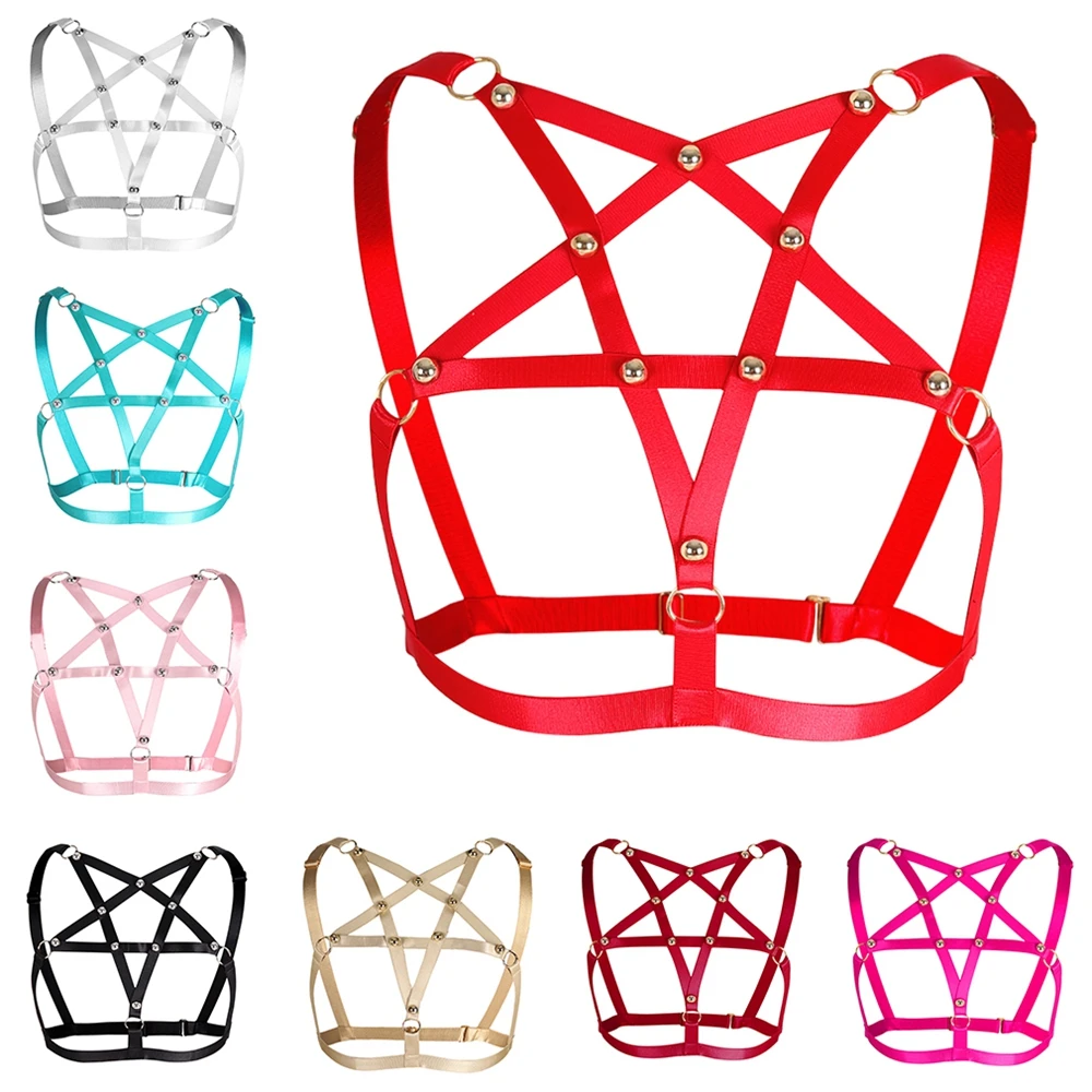 

Pentagram Body Harness For Bra Women Sword Belt Strappy Tops Rivet Sexy Lingerie Elastic Adjust Punk Goth Club Dance Rave Garter