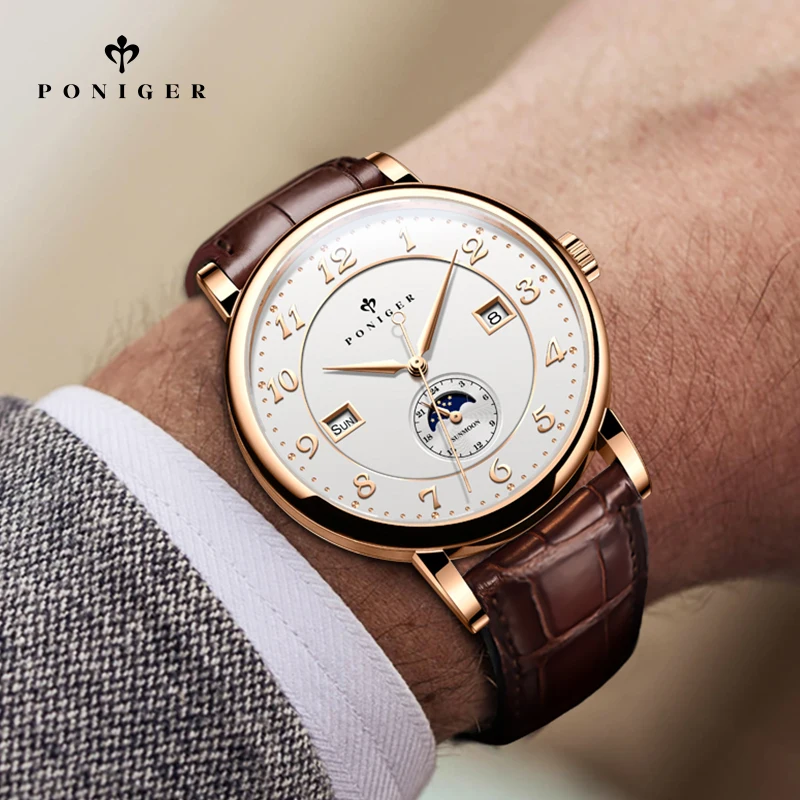 PONIGER Japan Automatic Mechanical Watches Men Sapphire Waterproof Moon Phase Multi-function 50 m Luxury Brand Switzerland P915