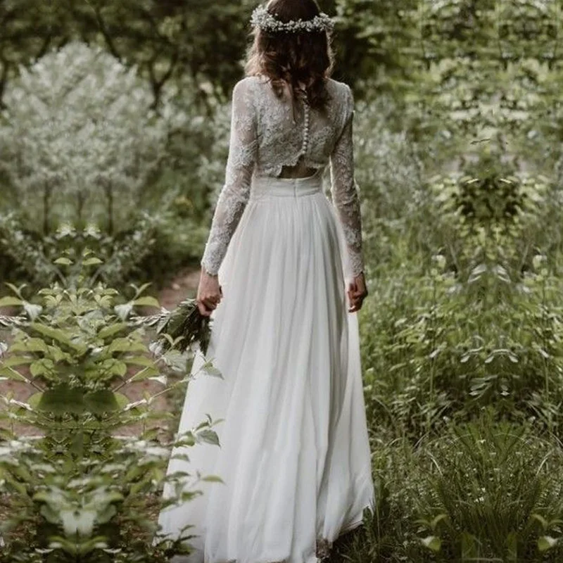 2021 verão boêmio vestidos de casamento duas peças manga longa rendas chiffon vestidos de noiva branco vestido de festa vestidos de noiva