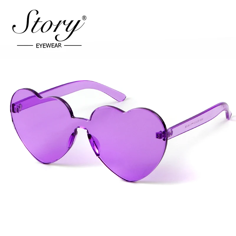 STORY 2018 Rimless Frame Cat Eye Sunglasses Women Love Heart Shape Sun Glasses Tint Clear Lens Colorful Red Purple Shades