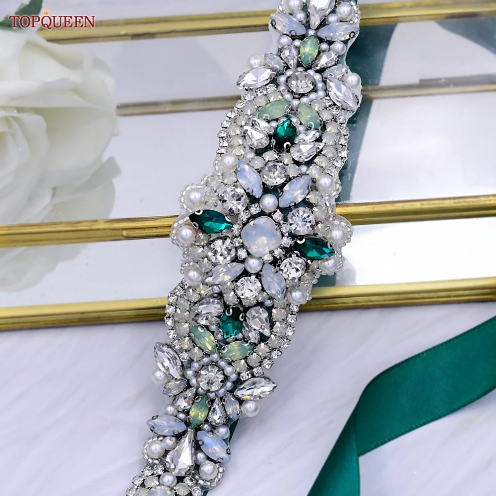 TOPQUEEN S452 Emerald Diamond Belt Green Rhinestone Belt for Wedding Ribbon Belt Wedding Accessories Party Dress Belts Girdles