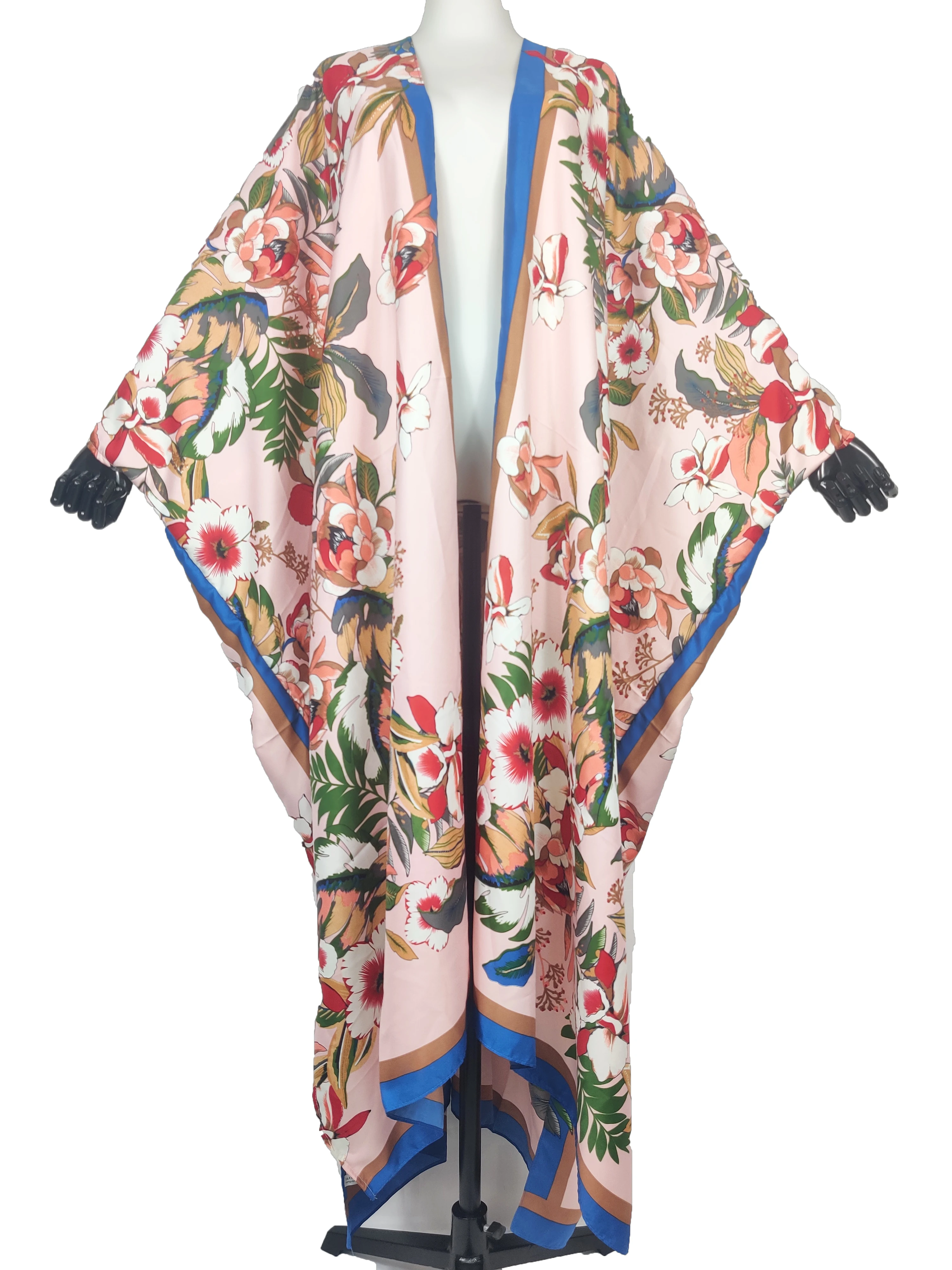 

European Popular Floral Open Front Silk Boho Nigerian robe femme Casual Kuwait Fashion Beach Party Kaftan Duster Coat For Lady