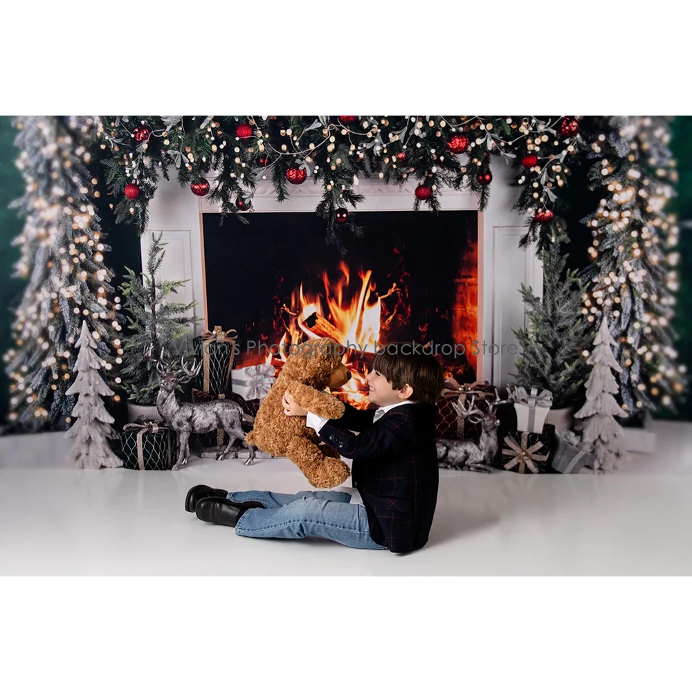 Weihnachts kamin Hintergrund Kinder Baby Fototermin Kind Winter Schneeflocke Dekor Weihnachts bäume Holzfenster Geschenk box Fotostudio