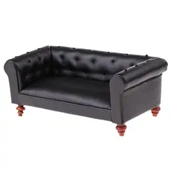 1/12 Scale Dollhouse Furniture Vintage Leather Long Sofa Couch Miniature Model Sitting Room Accessories Decoration Black