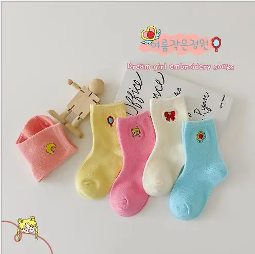 Girls socks 5Pairs/Lot 1-12Year 2022 autumn solid color cartoon embroidery bow children's tube socks image 5