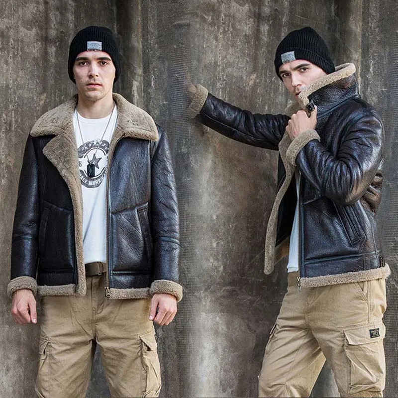 Denny&Dora Men's Shearling Jacket Black B3 Bomber, Winter Motorcycle Leather Coat Heavy Duty Windproof