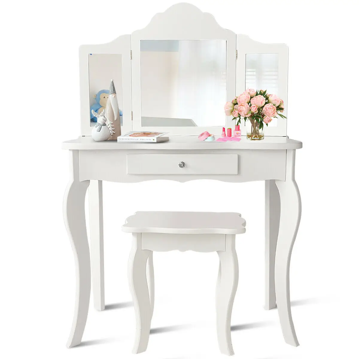 Vanity Table Set Makeup Dressing Table Kids Girls Stool Mirror  HW65929WH