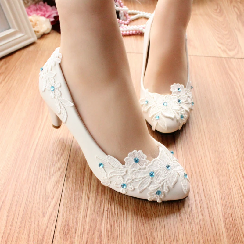 White high-heeled bridal shoes Blue rhinestones decorative wedding shoes Simple fashion soft leather shoes for women party