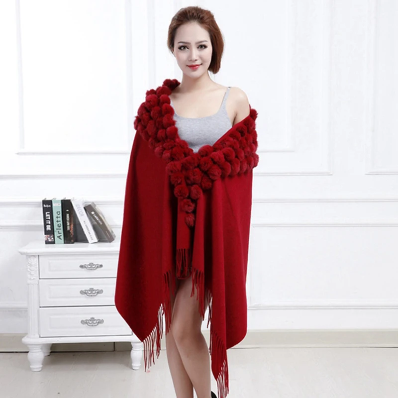 Winter 100% Wool scarf women real fur shawls Black New Cashmere Pashmina Rabbit Fur Pompom Shawl Scarf Autumn Warm Cape Muffler