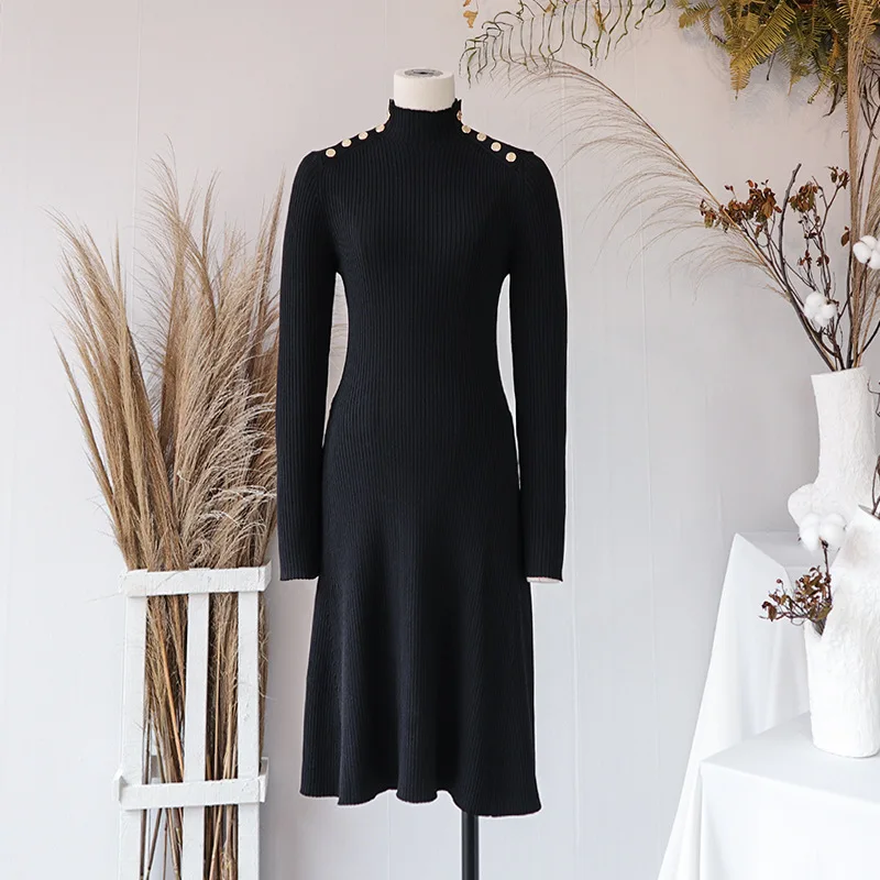 Vestido de punto negro para mujer, vestido elegante de manga larga con cuello alto y botones de hombro vintage ajustado, Otoño, 2021