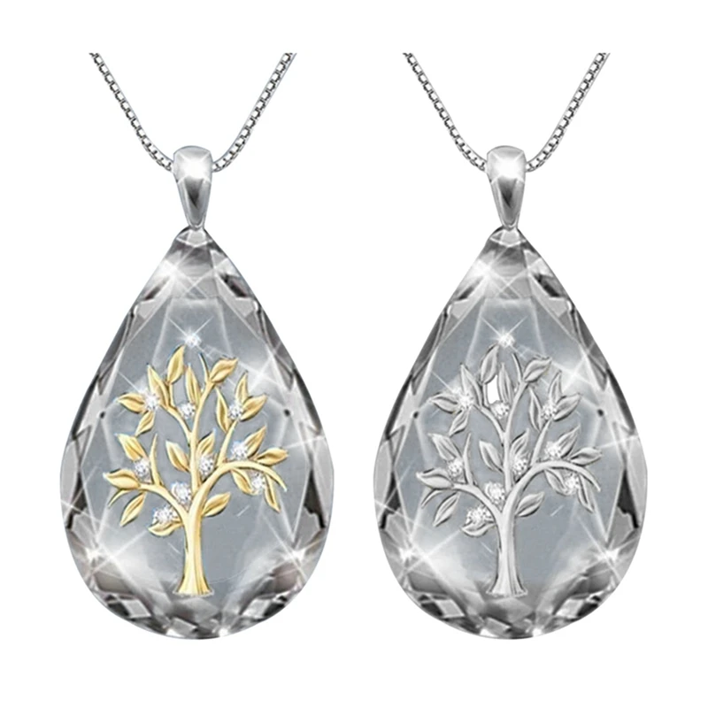 Transparent Crystal Waterdrop Shape Life Tree Pendant Necklace for Women Fashion Party Jewelry Necklace Gifts