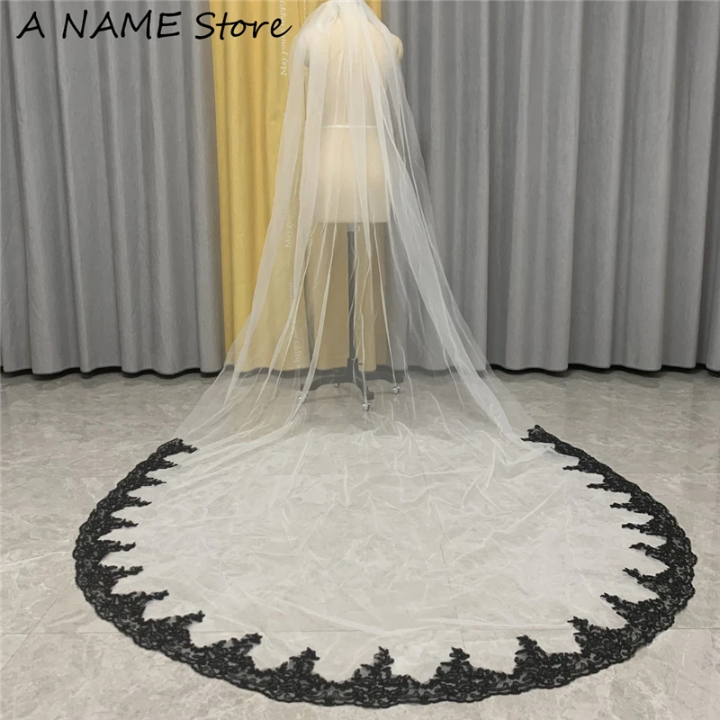 Royal Blue Lace Bridal Veils Met Kam Wit Ivoor Tulle Lange 3 Meter Een Laag Pailletten Kant Gekleurde Bruiloft Sluier voor Bruiden