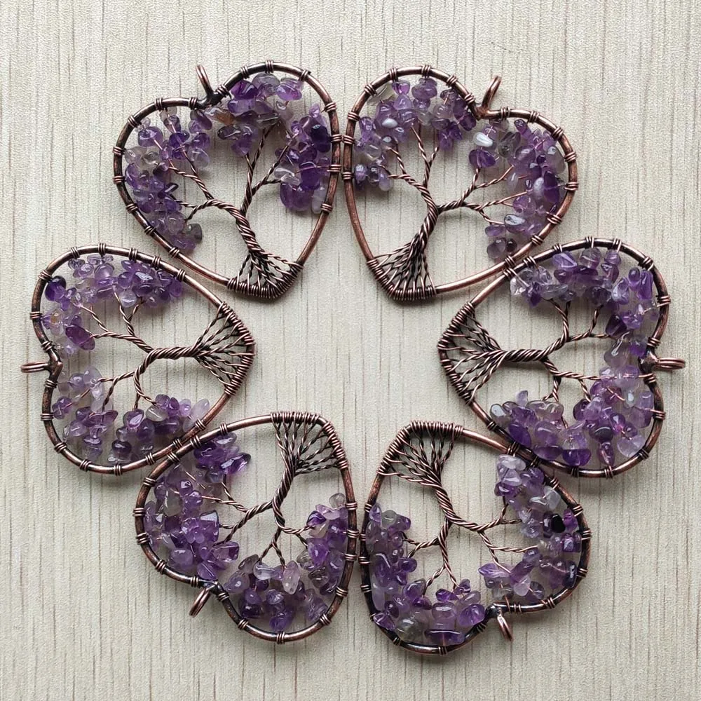 New natural amethysts stone ancient copper wire wrapped tree of life heart pendants for jewelry marking Wholesale 6pcs/lot