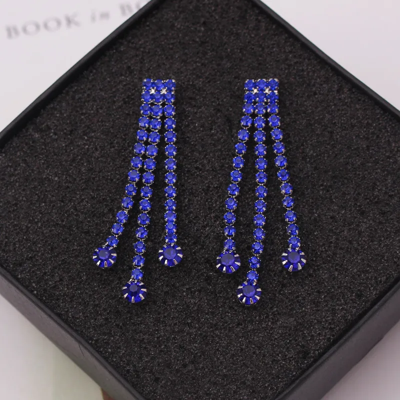 Blue Rhinestone Double Tassel Long Earrings Drop Earring Quality Crystal Earrings For Women Luxury Jewelry Long Dangle Earring