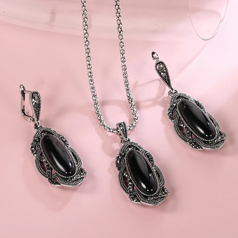 Wbmqda Hot Bohemian Big Opal Stone Earrings Necklace Boho Jewelry Sets Vintage Tibetan Silver Black Crystal Earrings For Women