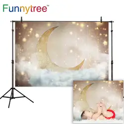 Funnytree Baby Shower Newborn Photophone Photography Backdrop Golden Glitter Moon Stars Cloud Background Photocall Photo Studio