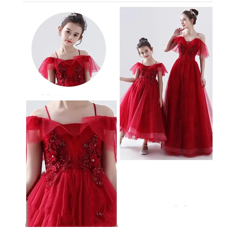 Vestido de flores con tirantes finos para niña, vestidos de desfile sin mangas de tul rojo para padres e hijos, novedad de 2020