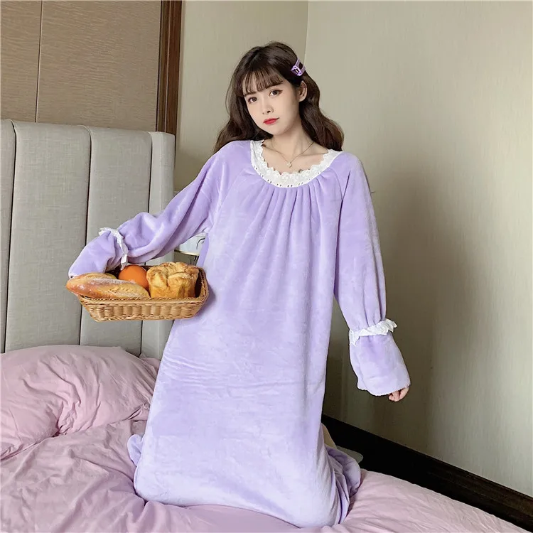 Pijamas femininos para outono e inverno, estilo francês, bonito, gola redonda, grossa, comprimento médio, roupas kawaii, vestido de lolita doce