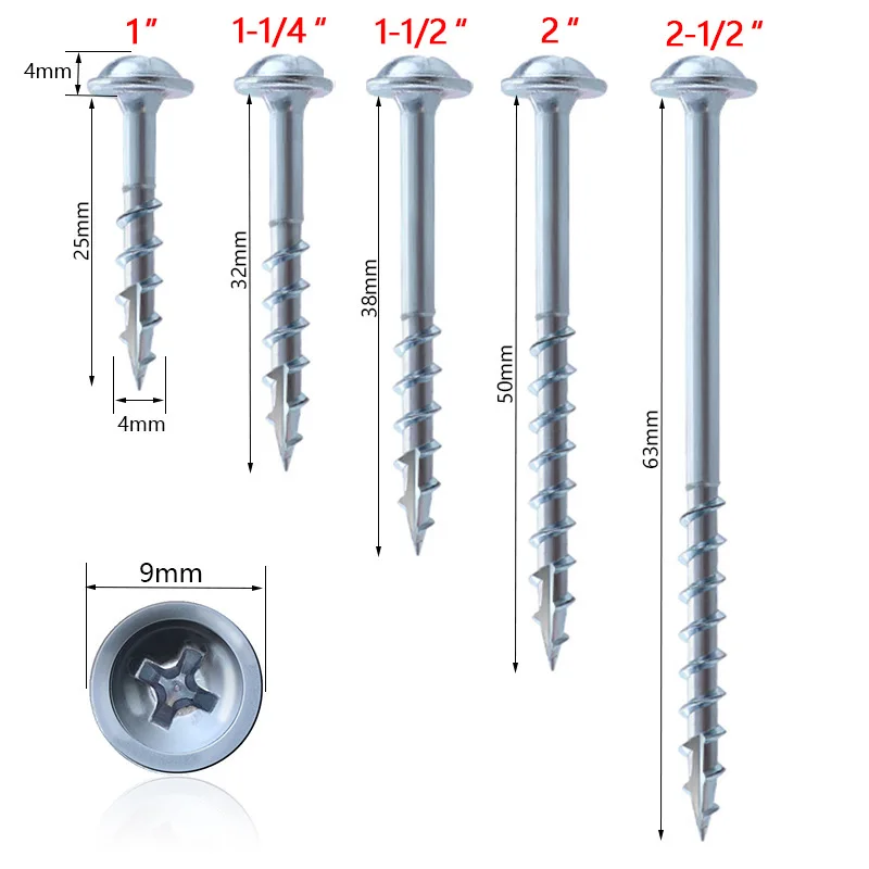 100pcs Pocket Hole Screws 25-63mm Coated Cross Self Tapping Screw ST4 Drive Pocket Hole Jig System Woodworking Tool Accessories