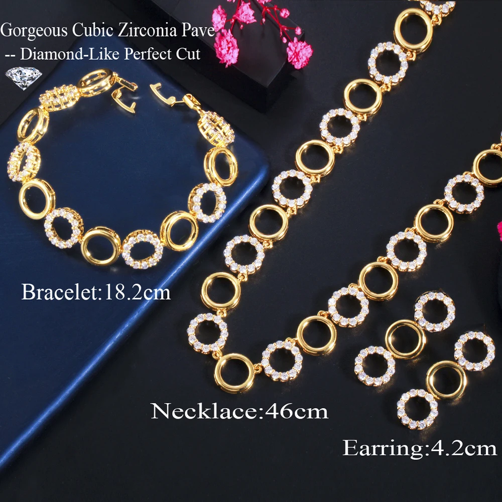 ThreeGraces 3Pcs Gorgeous CZ Gold Color Circle Link Chain Bracelet Necklace Earrings Jewelry Set Women Party Accessories TZ596