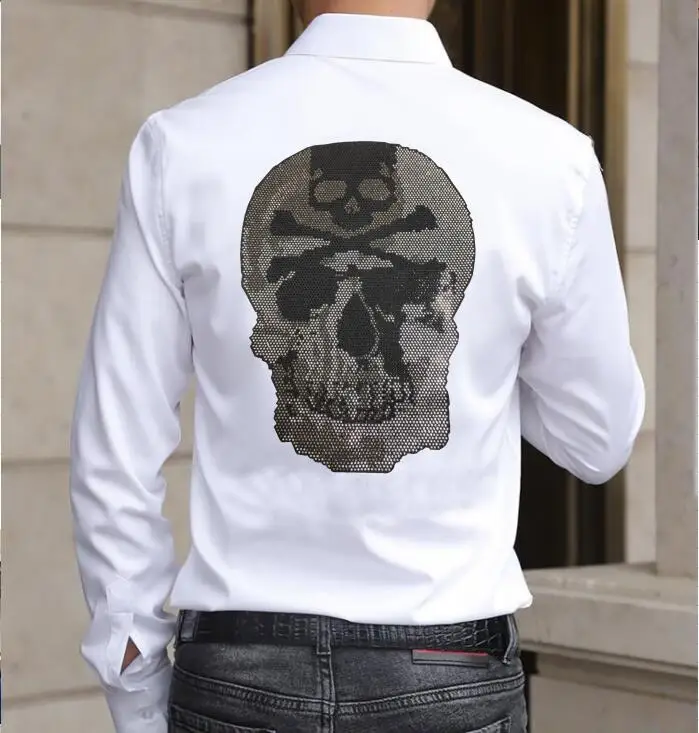 Fashion Men  Hot drilling Skulls  shirts long  Sleeve  Rhinestones  summer Male  Clothing Mens Casual