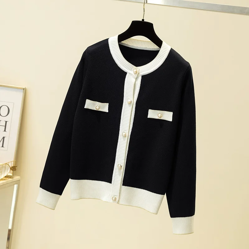 sueter mujer 2024 Elegant Women Sweater and Cardigans Button Up Pearl Beading Black White Formal Knit Jacket jersey mujer