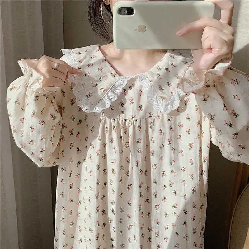 Nightgowns Women Spring Floral Students Sweet Turn Down Collar Stylish Home Soft Breathable Vintage New Arrival Aesthetic Chic