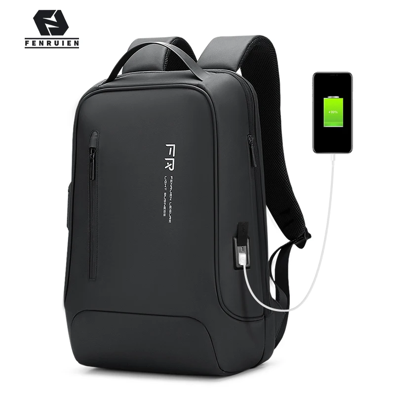 Fenruien Fashion Backpack 15.6 Inch Notebook Backpack Black for Men USB Charging Business Travel Backpack Waterproof Anti-Theft